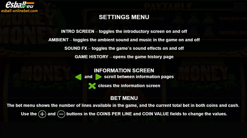 PP Money Money Money Slot Machine Main Game Interface - Settings Menu
